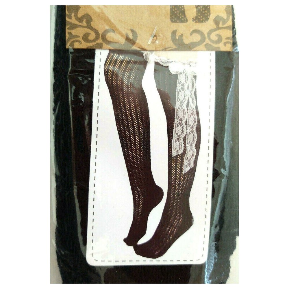 Black Cream Lace Over The Knee Socks Cable Knit - Picture 4 of 4